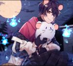  1boy animal_ears bandage_over_one_eye bandages ear_piercing hair_over_one_eye hohiha kitsune_cafe looking_at_viewer moon mouse mouse_boy mouse_ears mouse_tail night night_sky one_eye_covered piercing purple_hair red_eyes second-party_source sky smile sshooooe star_(sky) starry_sky tail virtual_youtuber 