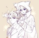  2boys :d ahoge alternate_eye_color animal_ears animal_hood annoyed armband bangs blue_eyes blush cat_hood choker collared_shirt earrings fake_animal_ears floral_background greyscale hair_between_eyes hairband heterochromia holostars hood hood_up hooded_jacket jacket jewelry kanade_izuru looking_at_another looking_at_viewer male_focus mole mole_under_eye monochrome multiple_boys n@o_(nao) neck_ribbon open_clothes open_jacket orange_eyes parted_bangs purple_eyes ribbon shirt short_hair smile sparkle spot_color sweatdrop teeth upper_body upper_teeth vest virtual_youtuber wide_sleeves yellow_background yukoku_roberu 