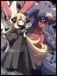  1girl absurdres black_coat black_pants black_shirt blonde_hair breasts closed_mouth coat commentary_request cynthia_(pokemon) fur-trimmed_coat fur_collar fur_trim garchomp grey_eyes hair_ornament hair_over_one_eye hand_on_hip highres long_hair long_sleeves milotic pants pokemon pokemon_(creature) pokemon_(game) pokemon_dppt shabana_may shirt smile togekiss v-neck very_long_hair wavy_hair 