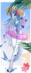  absurd_res accessory anthro beach bikini blue_hair breasts clothing dragon feet female flower flower_in_hair hair hair_accessory hat headgear headwear hi_res legendary_pok&eacute;mon long_hair looking_at_viewer lugia makizu navel nintendo non-mammal_breasts open_mouth plant pok&eacute;mon pok&eacute;mon_(species) psognarr red_eyes seaside solo straw_hat swim_ring swimwear video_games 