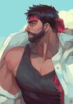  1boy alejandro_tio bara beard black_hair black_tank_top closed_mouth cloud day facial_hair headband highres jacket large_pectorals looking_away male_focus muscular muscular_male open_clothes open_jacket outdoors pectorals red_headband ryu_(street_fighter) short_hair sky solo street_fighter street_fighter_6 tank_top upper_body white_jacket 