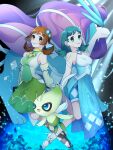  2girls bangs bare_shoulders blue_dress blue_flower brown_eyes brown_hair celebi choker closed_mouth commentary_request detached_sleeves diamond_(shape) dress eyelashes flower green_eyes green_hair hana_e_(ka_e0128) high_heels highres kris_(pokemon) long_hair lyra_(pokemon) multiple_girls official_alternate_costume pokemon pokemon_(creature) pokemon_(game) pokemon_masters_ex smile suicune toes twintails white_choker white_footwear 