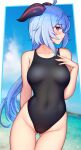  1girl ahoge ass_visible_through_thighs bangs blue_hair blush breasts covered_navel eyebrows_visible_through_hair facing_away ganyu_(genshin_impact) genshin_impact hand_on_own_chest highres horns ikkimay long_hair looking_at_viewer low_ponytail medium_breasts one-piece_swimsuit purple_eyes skindentation solo swimsuit thigh_gap thighs 