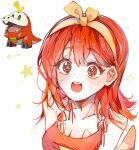  1girl :d bangs bare_shoulders breasts brown_eyes cha_brown cleavage creature_and_personification flipped_hair fuecoco hair_ribbon hairband highres medium_hair open_mouth personification pokemon pokemon_(creature) pokemon_(game) pokemon_sv red_hair ribbon sketch smile spaghetti_strap star_(symbol) tail upper_body white_background yellow_ribbon 