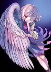  1girl angel_wings blue_background boots bow bowtie braid covering_mouth dress e_sdss feathered_wings french_braid full_body gradient gradient_background hand_over_face highres jacket jewelry kishin_sagume looking_at_viewer one_eye_closed open_clothes open_jacket purple_dress red_bow red_eyes short_dress short_hair single_wing solo touhou white_wings wings 