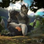  1:1 3d_(artwork) anthro balls black_body black_fur blender_(software) charr claws digital_media_(artwork) duo erection fangs feet felid female fluffy fluffy_tail forest fur genitals guild_wars hair hi_res horn male male/female mammal multi_ear muscular myra_snowpaw mysteryboy18 nippless nude open_mouth outside penis plant pussy smile teeth toe_claws toes tree video_games watermark white_body white_fur 