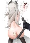  1girl 1other absurdres all_fours anal anal_object_insertion anal_tail arknights ass back black_gloves black_legwear cat_tail doctor_(arknights) fake_tail from_above from_behind gloves grey_hair head_wings heart highres irene_(arknights) long_hair nude object_insertion pov shin_maboroshi simple_background speech_bubble spoken_heart tail tail_pull thighhighs white_background 