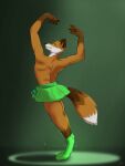  3:4 absurd_res anthro ballerina ballet bodily_fluids bottomwear bulge canid canine clenched_teeth clothing dancewear dancing embarrassed epic_games fennix_(fortnite) footwear fortnite fox genital_fluids green_background hi_res leaking male mammal precum ryme shoes showing_teeth simple_background skirt solo spotlight teeth tutu video_games 