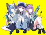  3girls animal_ears apex_legends blue_hair cat_ears e-wing_(ewingillustrate) fake_animal_ears full_body gun highres holding holding_gun holding_weapon hololive hood hooded_jacket hoshimachi_suisei jacket looking_at_viewer minato_aqua multiple_girls panties pantyshot purple_hair sitting tokoyami_towa underwear virtual_youtuber weapon yellow_background 