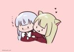  2girls :q animal_ears animal_hands arms_around_neck assault_lily bangs blonde_hair blunt_bangs blush brown_sailor_collar cat_ears cat_girl chibi closed_mouth commentary cropped_torso gloves grey_hair hand_on_another&#039;s_arm hand_up hands_up heads_together heart highres hug hug_from_behind kabayaki_(kabayaki_eel) kanba_girls_high_school_uniform kemonomimi_mode kon_kanaho long_hair long_sleeves looking_at_another looking_away miyagawa_takane multiple_girls necktie no_mouth nose_blush paw_gloves pink_background red_shirt sailor_collar school_uniform serafuku shirt short_necktie simple_background solid_oval_eyes tongue tongue_out translation_request twitter_username upper_body white_necktie yuri 