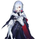  1girl arknights black_cape black_coat black_gloves cape coat cowboy_shot drive_shot eyes_visible_through_hair finger_to_mouth frilled_sleeves frills gladiia_(arknights) gladiia_(return)_(arknights) gloves grey_hair hair_over_one_eye highres index_finger_raised jewelry long_hair long_sleeves looking_at_viewer necklace official_alternate_costume parted_lips partially_fingerless_gloves pointy_ears red_eyes revision shushing simple_background solo very_long_hair white_background 