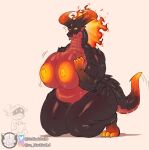  anthro big_breasts breast_squeeze breasts dragon female fire flaming_hair huge_breasts kneeling larger_female nude pseudo_hair scalie size_difference thick_thighs ze_blackball.d 