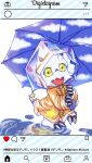  anthro bandai_namco chibi claws clothing coat cute_fangs digimon digimon_(species) digimon_ghost_game gammamon hi_res horn looking_at_viewer male puddle raincoat raining smile solo topwear umbrella vfcou yellow_eyes 