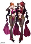  2girls absurdres arms_behind_head arms_up artist_name bangs bare_shoulders breasts bridal_gauntlets brown_eyes brown_hair cleavage collarbone commentary cosplay dorothea_arnault dorothea_arnault_(cosplay) earrings feathers fire_emblem fire_emblem_heroes full_body gradient gradient_clothes hair_ornament highres jewelry kaos_art kirijou_mitsuru lene_(fire_emblem) lene_(fire_emblem)_(cosplay) lips lipstick loincloth long_hair looking_at_viewer makeup medium_breasts multiple_girls navel parted_lips pelvic_curtain persona persona_3 red_eyes red_hair revealing_clothes shiny shiny_clothes shiny_hair short_hair signature simple_background skin_tight sleeveless smile standing stomach takeba_yukari toes 