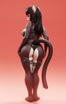  3d_(artwork) anthro black_hair bra breasts brown_body brown_fur bubble_butt butt claws clothed clothing connivingrat digital_media_(artwork) domestic_cat felid feline felis female finger_claws fur garter_belt garter_straps hair half-closed_eyes hand_on_butt hi_res long_hair looking_at_viewer looking_back looking_back_at_viewer mammal narrowed_eyes orange_hair pink_nose rear_view solo sonia_(omniman907) underwear white_body white_fur 