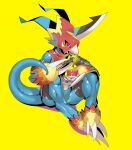  anthro armor bandai_namco blue_body digimon digimon_(species) eating flamedramon food hi_res horn muscular_legs noodles ramen red_eyes simple_background skink_hisshiss solo straps tongs tools yellow_background 