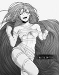  1girl absurdres bandages breasts colored_sclera commission eto_(tokyo_ghoul) greyscale highres instagram_username marvin_(omarvin) medium_breasts monochrome navel open_mouth signature smile solo tokyo_ghoul twitter_username underboob 