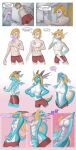  2019 anthro blonde_hair blue_body blue_scales bodily_fluids bottomwear breast_growth breasts clothing comic cum cumshot digital_media_(artwork) dragon ejaculation erection female gender_transformation genital_fluids genitals growth hair hi_res holding_object horn horn_growth human human_to_anthro kahze male mammal membrane_(anatomy) membranous_wings mtf_transformation nipples penis pussy scales shorts solo species_transformation surprise tail_growth transformation wing_growth wings 