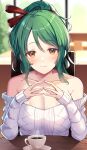  1girl absurdres bangs bare_shoulders blurry blurry_background blush breasts cleavage closed_mouth coffee collarbone commission cup granblue_fantasy green_hair hair_ribbon herja highres indoors large_breasts light_smile long_hair looking_at_viewer mug off-shoulder_sweater off_shoulder ribbed_sweater ribbon saucer skeb_commission solo steepled_fingers sweater table teacup yamato_(muchuu_paradigm) 