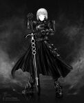  1girl absurdres armor armored_boots armored_dress artoria_pendragon_(fate) boots braid crosshatching fate/stay_night fate_(series) french_braid full_body gauntlets hatching_(texture) highres instagram_username marvin_(omarvin) saber_alter signature solo sword twitter_username weapon 