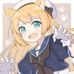  1girl animal_ears ark_kan black_neckerchief blonde_hair blue_eyes blue_sailor_collar cat_ears claw_pose commentary commentary_request commission curled_fingers dress fang gloves hat jervis_(kancolle) kantai_collection long_hair neckerchief paw_print sailor_collar sailor_dress sailor_hat skin_fang solo upper_body white_gloves white_headwear 