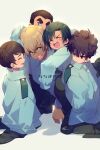  5boys ^_^ amuro_tooru bangs black_hair black_pants blonde_hair blue_eyes blue_shirt brown_hair child closed_eyes collared_shirt covered_mouth curly_hair dark-skinned_male dark_skin date_wataru echo_(circa) green_hair grey_background hagiwara_kenji hair_between_eyes laughing long_sleeves looking_at_another looking_at_viewer looking_back male_child male_focus matsuda_jinpei meitantei_conan multiple_boys open_mouth outstretched_arms oversized_clothes pants police police_uniform scotch_(meitantei_conan) shadow shirt shoes short_hair sideways_glance simple_background sleeves_past_fingers sleeves_past_wrists spiked_hair squatting standing surrounded thick_eyebrows uniform 