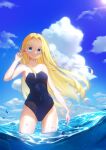  1girl absurdres blonde_hair blue_eyes blue_sky breasts cloud competition_school_swimsuit covered_navel cowboy_shot forehead hair_intakes highres kofune_ushio long_hair outstretched_arms partially_underwater_shot school_swimsuit sitting sky small_breasts solo standing summertime_render swimsuit very_long_hair vvy_(pixiv8292538) 