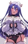  1girl black_panties blush breasts frills garter_straps hair_between_eyes hair_ornament hairclip haruyuki_(yukichasoba) highres long_hair open_mouth original panties purple_eyes purple_hair simple_background sleeves_past_wrists solo thighhighs underwear white_background white_legwear 