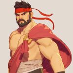  1boy 3d bara bare_pectorals beard black_hair dan_eder facial_hair frown headband large_pectorals looking_at_viewer male_focus mature_male midriff_sarashi muscular muscular_male nipples pectorals ryu_(street_fighter) sarashi sash short_hair solo street_fighter street_fighter_6 thick_eyebrows upper_body wind wrinkled_skin 