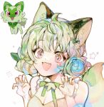  1girl :d ahoge animal_ear_fluff animal_ears bangs bare_shoulders bow breasts cha_brown claw_pose cleavage creature_and_personification double_bun fangs frills green_bow green_hair green_nails green_ribbon green_theme hair_bow hair_bun hair_ornament hands_up highres leaf_hair_ornament neck_ribbon personification pokemon pokemon_(creature) red_eyes ribbon sleeveless smile sprigatito tail updo upper_body white_background 