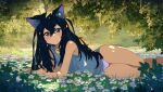  1girl absurdres animal_ear_fluff animal_ears bangs black_hair blue_eyes blue_shirt blush casual cat_ears closed_mouth commentary_request crossed_bangs dappled_sunlight day feet_out_of_frame flower grass hair_between_eyes highres kgt_(pixiv12957613) long_bangs long_hair looking_at_viewer lying nature no_pants on_side original outdoors panties pink_panties plant shirt smile solo sunlight thighs underwear white_flower 