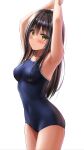  1girl arms_up black_hair blue_swimsuit breasts brown_eyes competition_school_swimsuit cowboy_shot hair_ornament highres long_hair looking_at_viewer medium_breasts navel original school_swimsuit simple_background solo standing swimsuit white_background x_hair_ornament yukemuriganmo 