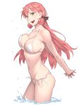  1girl :d akashi_(kancolle) arms_behind_back bikini black_ribbon breasts cleavage from_side green_eyes hair_ribbon halter_top halterneck highres kantai_collection large_breasts long_hair looking_at_viewer navel own_hands_together partially_submerged pink_hair ribbon side-tie_bikini simple_background smile solo string_bikini swimsuit teeth thighs tress_ribbon upper_teeth wading water wet white_background white_bikini yuuji_(and) 