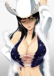  1girl bangs bare_shoulders black_hair breasts cleavage collarbone cowboy_hat cross-laced_clothes fur-trimmed_jacket fur_trim green_eyes hat highres jacket large_breasts long_sleeves looking_at_viewer mattari_yufi medium_hair navel nico_robin off_shoulder one_eye_closed one_piece parted_lips smile solo white_headwear white_jacket 