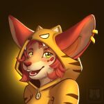  1:1 akaizer anthro canid canine clothed clothing costume ear_tag felid female female/female fennec fox green_eyes hair hi_res hiena hood kathai lion mammal painted pantherine red_hair rendered simple_background solo spoted_fur tiger tiger_costume 