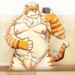  2022 absurd_res anthro balls bbard264 belly big_belly cellphone felid flaccid genitals hi_res humanoid_genitalia humanoid_hands humanoid_penis kemono male mammal moobs navel nipples overweight overweight_male pantherine penis phone pubes smartphone solo tiger 