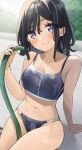  1girl black_hair blue_swimsuit blush collarbone commentary_request eyebrows_visible_through_hair highres hose looking_at_viewer navel noyama_(noyama8888) original purple_eyes sitting smile solo swimsuit wet 