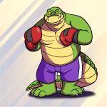  alligator alligatorid anthro belly biped bottomwear boxing_gloves brok_(character) brok_the_investigator clothing cowcatgames crocodilian green_body handwear hi_res male musclegut official_art reptile scalie shorts solo 