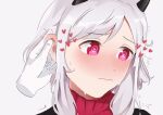  1girl blush demon_girl demon_horns ear_blush grey_hair heart heart-shaped_pupils helltaker highres horns modeus_(helltaker) nervous rubbing_ears ryoko6318 sweatdrop symbol-shaped_pupils 