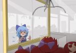  1girl bangs blue_bow blue_dress blue_eyes blue_hair blush bow cirno collared_shirt crane_game crying dress failure fairy_wings flat_chest fumo_(doll) hair_bow hand_on_glass highres ice ice_wings mata_(matasoup) neck_ribbon pinafore_dress purple_bow red_eyes red_hair red_ribbon ribbon sekibanki shirt short_hair solo stuffed_toy touhou toy white_shirt wings 