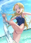  1girl blonde_hair blue_eyes blue_sky breasts cloud commentary_request commission commissioner_upload competition_school_swimsuit day furon_(froon) highleg highleg_swimsuit highres horizon kicking kofune_ushio long_hair looking_at_viewer motion_blur outdoors school_swimsuit sky small_breasts solo summertime_render swimsuit very_long_hair water 