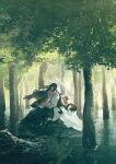  1girl angel_wings barefoot blue_eyes brown_hair closed_mouth commentary_request day dress film_grain forest full_body highres lake long_hair nature original outdoors potg_(piotegu) sitting solo tree very_long_hair water white_dress wings 