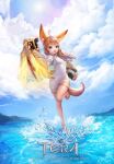  1girl absurdres ahoge animal_ears arm_up blue_eyes brawler_(tera_online) brown_hair clenched_hands cloud copyright_name day dog_ears dog_tail dress elin full_body gauntlets highres leg_up long_hair official_art open_mouth sehee shoes short_dress sky solo splashing standing standing_on_liquid standing_on_one_leg tail tera_online thigh_strap water 