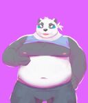  2022 anthro belly big_belly black_body black_nose bottomwear clothed clothing giant_panda hi_res humanoid_hands kemono lumikatzz male mammal moobs navel nipples overweight overweight_male pants raised_clothing raised_shirt raised_topwear shirt simple_background solo topwear ursid white_body 