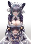  &gt;_&lt; 2girls :d animal_ears aqua_hair as4gi azur_lane bangs bell blue_eyes bow breast_rest breasts breasts_on_head cheshire_(azur_lane) cleavage commentary detached_sleeves dual_persona english_commentary eyebrows_visible_through_hair fake_animal_ears frilled_hairband frilled_ribbon frills gradient gradient_background hair_bell hair_between_eyes hair_ornament hairband height_difference highres large_breasts little_cheshire_(azur_lane) long_ribbon looking_at_viewer maid maid_headdress mother_and_daughter multicolored_hair multiple_girls namesake open_mouth puffy_detached_sleeves puffy_sleeves purple_apron purple_bow purple_hair ribbon short_hair sidelocks simple_background size_difference sleeveless smile streaked_hair two-tone_hair white_background wrist_cuffs xd 