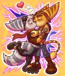  absurd_res anthro blush duo ear_piercing ear_ring embrace female hi_res hug insomniac_games kissing lombax male male/female mammal piercing prosthetic prosthetic_arm prosthetic_limb ratchet ratchet_and_clank rivet_(ratchet_and_clank) romantic romantic_couple smooch sony_corporation sony_interactive_entertainment stripes video_games 