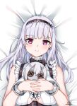 1girl as4gi azur_lane bangs bed_sheet blunt_bangs bracelet breasts commentary_request dido_(azur_lane) doll_hug earrings eyebrows_visible_through_hair from_above grey_hair hairband highres jewelry long_hair looking_at_viewer looking_up lying maid maid_headdress object_hug on_back purple_eyes sidelocks simple_background sleeveless smile solo stuffed_toy underboob 
