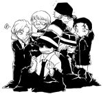  3boys 3girls age_regression annoyed bare_shoulders baseball_cap chianti_(meitantei_conan) child choker clothes_pull coat collared_shirt confused female_child fingerless_gloves flying_sweatdrops full_body gin_(meitantei_conan) glasses gloves greyscale hair_ornament hair_pulled_back hair_scrunchie hand_on_headwear hands_up hat humming jacket korn_(meitantei_conan) long_sleeves male_child meitantei_conan mizunashi_rena monochrome multiple_boys multiple_girls musical_note off_shoulder oversized_clothes pants pants_pull ponytail scared scrunchie shirt shoes short_hair smile spoken_musical_note sunglasses surprised suruga_(135221) vermouth_(meitantei_conan) vodka_(meitantei_conan) wavy_hair younger 