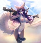  amarihel anthro breasts canid canine canis clothed clothed/nude clothing desert detailed_background female fur genitals gun hair hi_res holding_object holding_weapon legwear long_tail looking_at_viewer mammal military multicolored_body multicolored_fur nipples nude purple_eyes purple_hair pussy ranged_weapon rifle sniper sniper_rifle solo standing stockings weapon wolf 