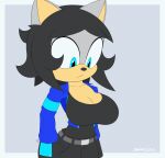  animated anthro areola big_breasts black_hair blue_clothing blue_eyes blue_jacket blue_topwear breast_expansion breasts brown_nipples clothing eulipotyphlan expansion exposed_breasts female hair hedgehog huge_breasts jacket looking_at_breasts mammal nipples presenting presenting_breasts sega shirt short_hair simple_background slickehedge solo sonic_the_hedgehog_(series) tank_top topwear watermark 